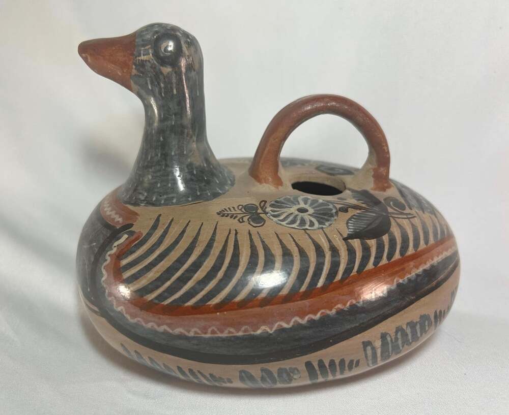 Vintage Tonala Mexican Pottery Duck Watering Pot handmade and painted in Mexico.